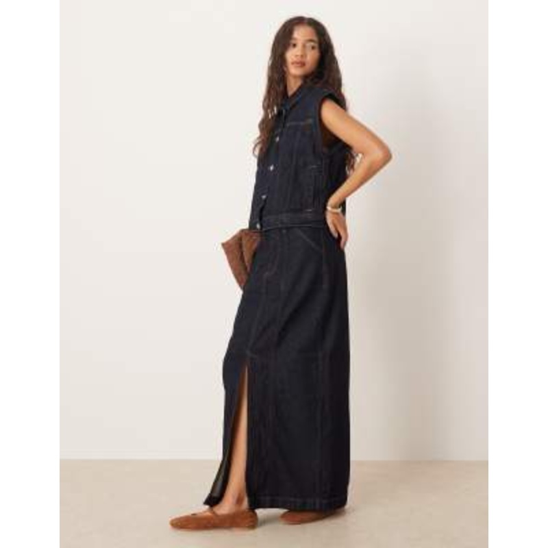 VILA seam detail denim midi skirt in dark indigo rinse – part of a set
