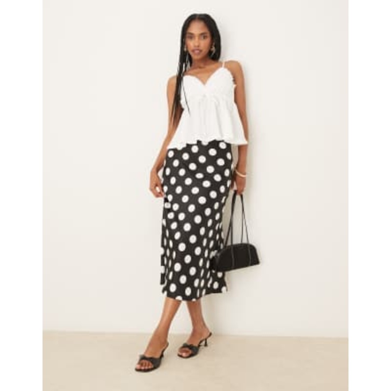 YAS satin midi skirt in black and white polka dots