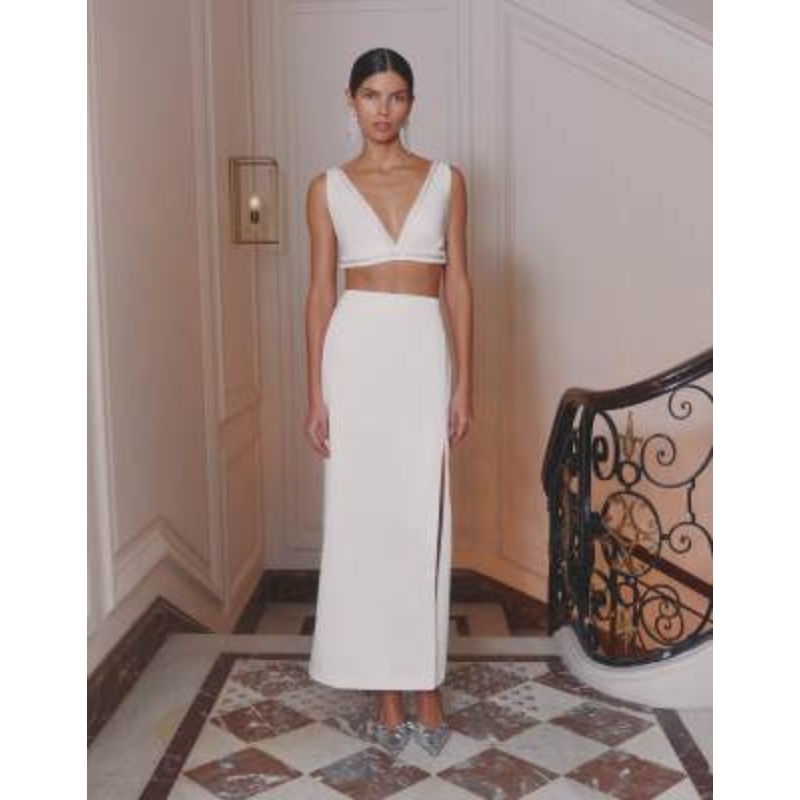 4th & Reckless satin embellished trim bralette crop top and thigh slit maxi skirt set in cream