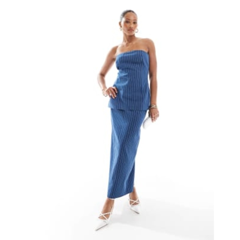 4th & Reckless tailored maxi skirt in denim blue pinstripe – part of a set