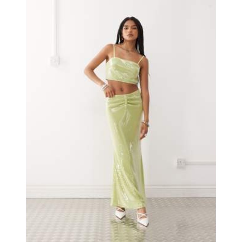 Amy Lynn ruched waist maxi skirt in lime green sequins – part of a set