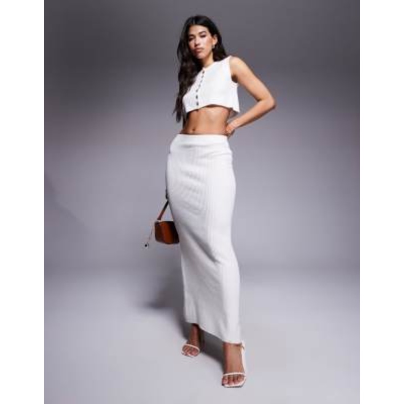 Aria Cove rib knit back slit maxi skirt in cream – part of a set
