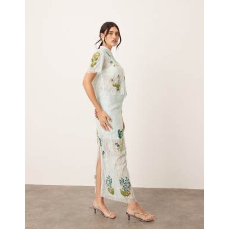 ARRANGE botanical floral embellished lace crop shirt and midi skirt in light blue