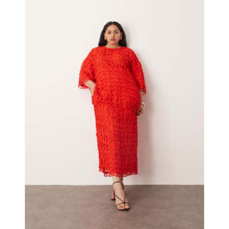 ARRANGE Curve floral cutwork column midi skirt in red – part of a set