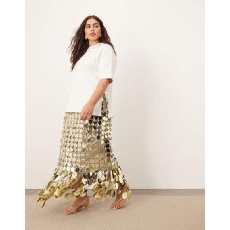 ARRANGE Curve futurist sequin embellished fringe hem midi skirt in gold