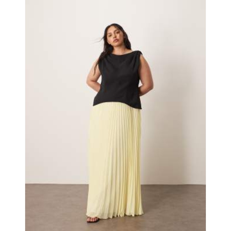 ARRANGE Curve twisted shoulders pleated skirt hybrid maxi dress in contrast black and buttermilk