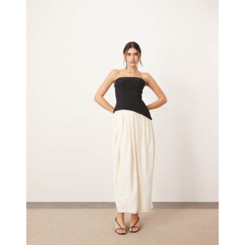 ARRANGE sculpted bandeau with drape tulip skirt midi dress in contrast mono