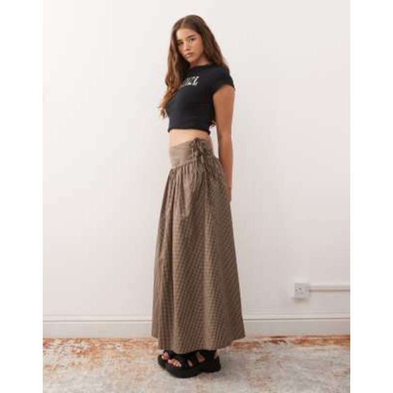 COLLUSION dropped waist printed maxi skirt in beige and black gingham