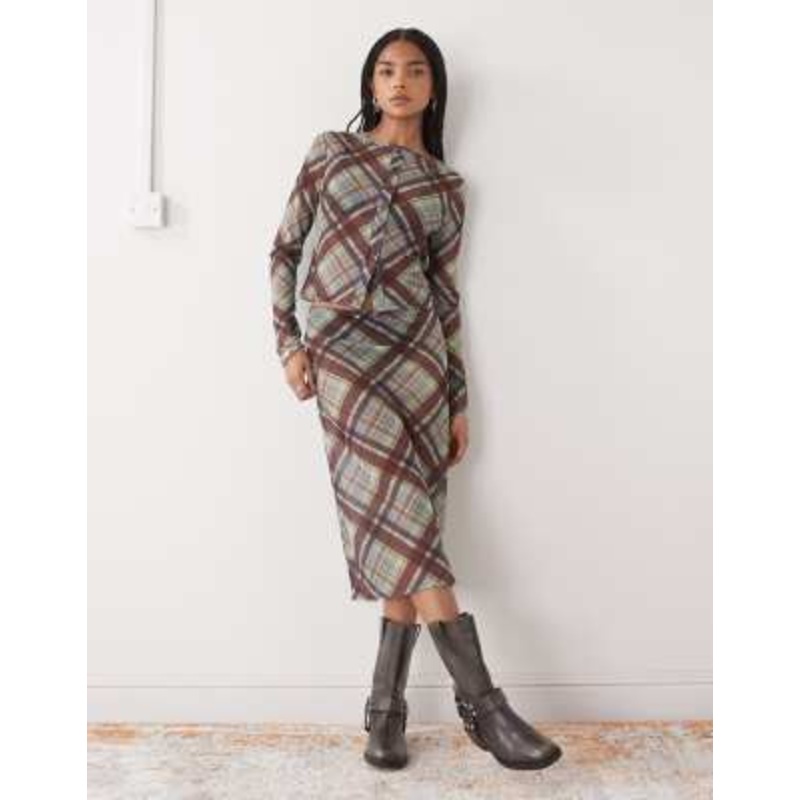 COLLUSION sheer awkward length skirt in burgundy and lime plaid