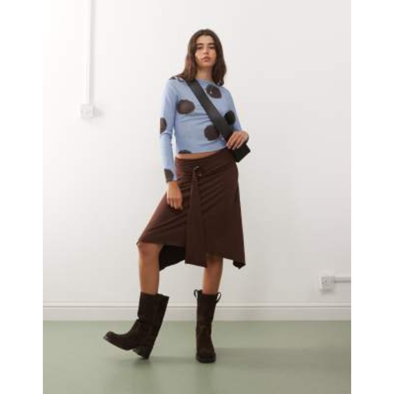 COLLUSION slinky skirt with ring detail tie waist in dark cherry