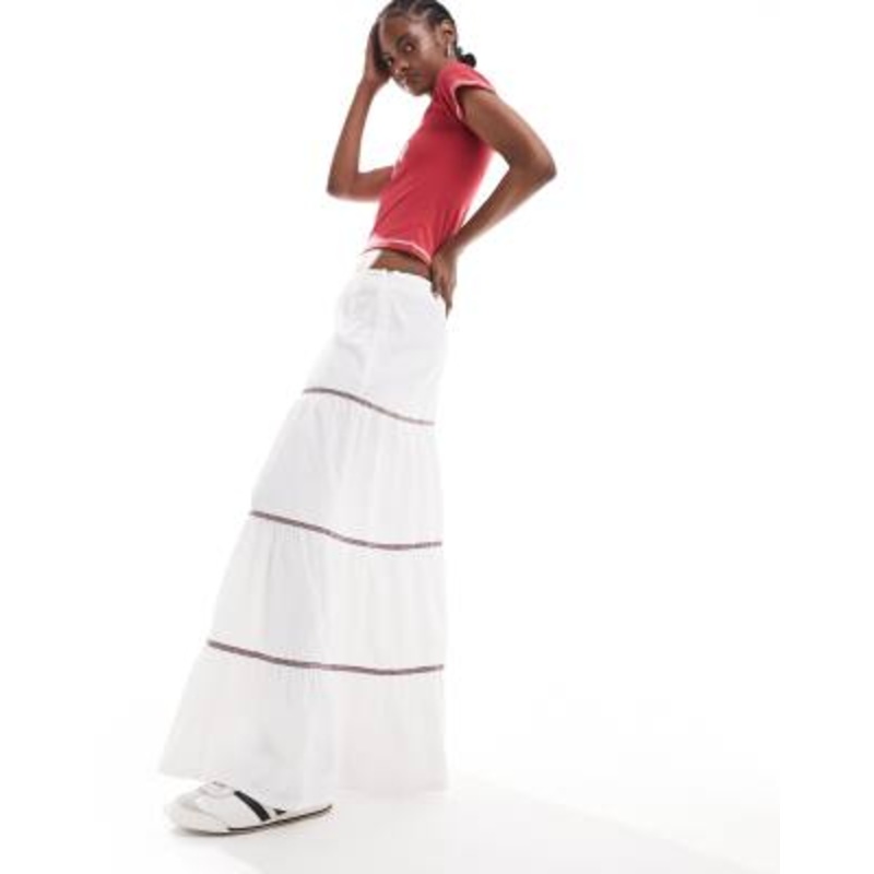 Daisy Street low rise maxi boho skirt in white with lace trim