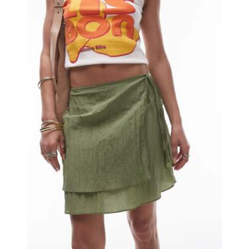 Topshop layered mini skirt with bow in green crinkle
