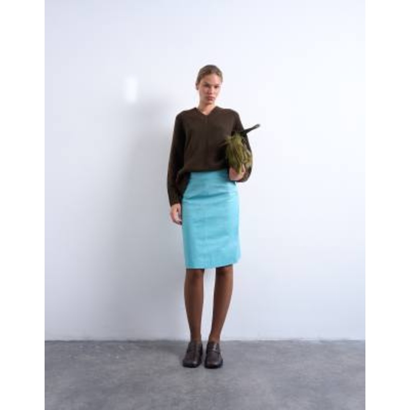 Topshop real leather midi skirt in turquoise