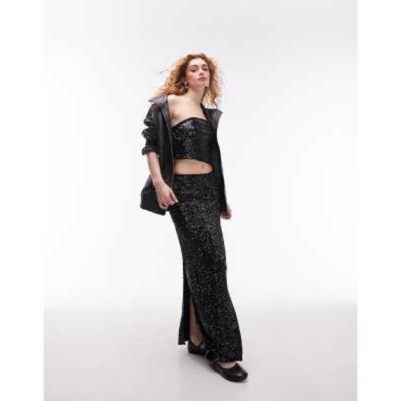 Topshop sequin maxi skirt in black – part of a set