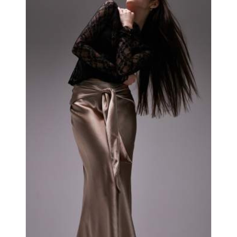 Topshop Tie Front Circle Satin skirt in dusky pink