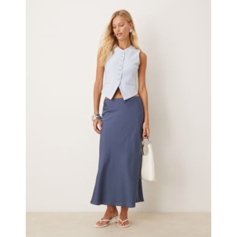 VILA satin maxi skirt in mid blue