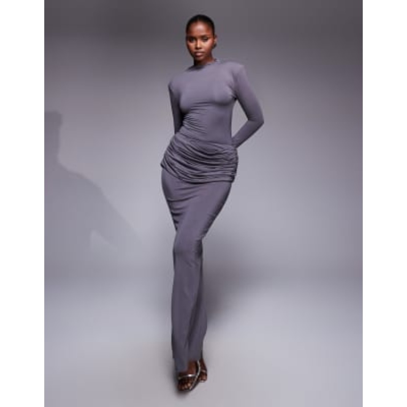 Wanderdoll Ashtin second skin shoulder pads high neck long sleeve bodysuit and maxi skirt set in gray