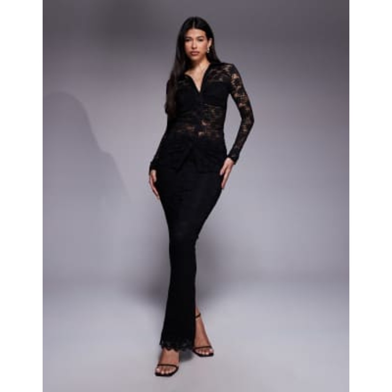 Wanderdoll Lacie plunge neck long sleeve lace shirt and high waist maxi skirt set in black