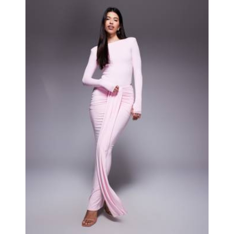 Wanderdoll Nara sculpting second skin drape front maxi skirt in pink – part of a set