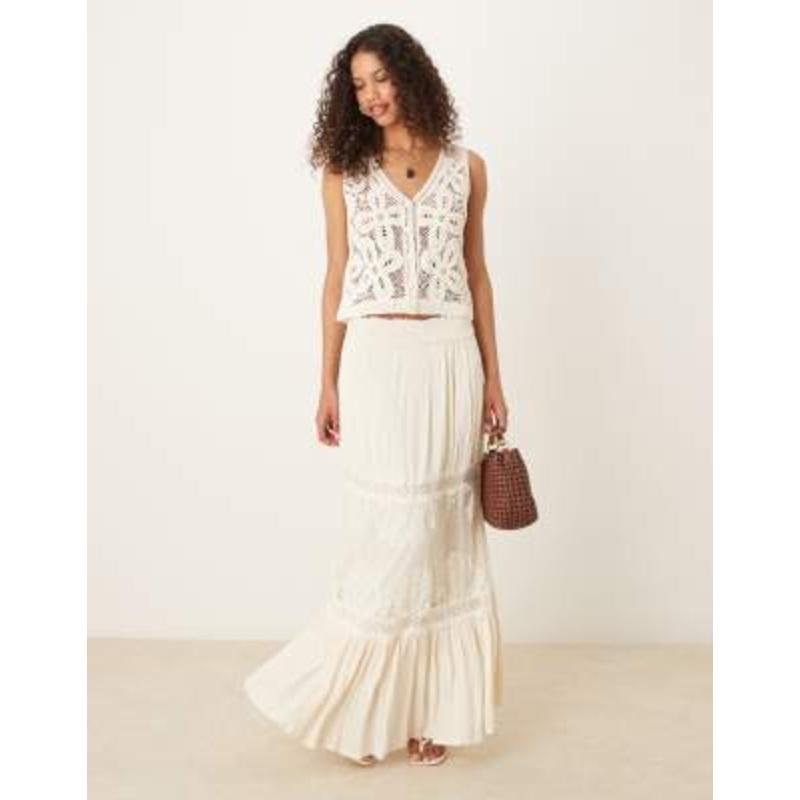 YAS Festival crochet lace insert boho maxi skirt in cream
