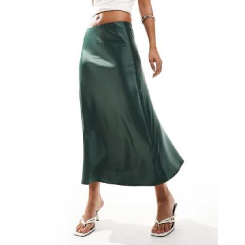 YAS satin midi skirt in deep green