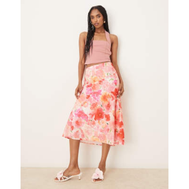 YAS satin midi skirt in pink watercolor floral print