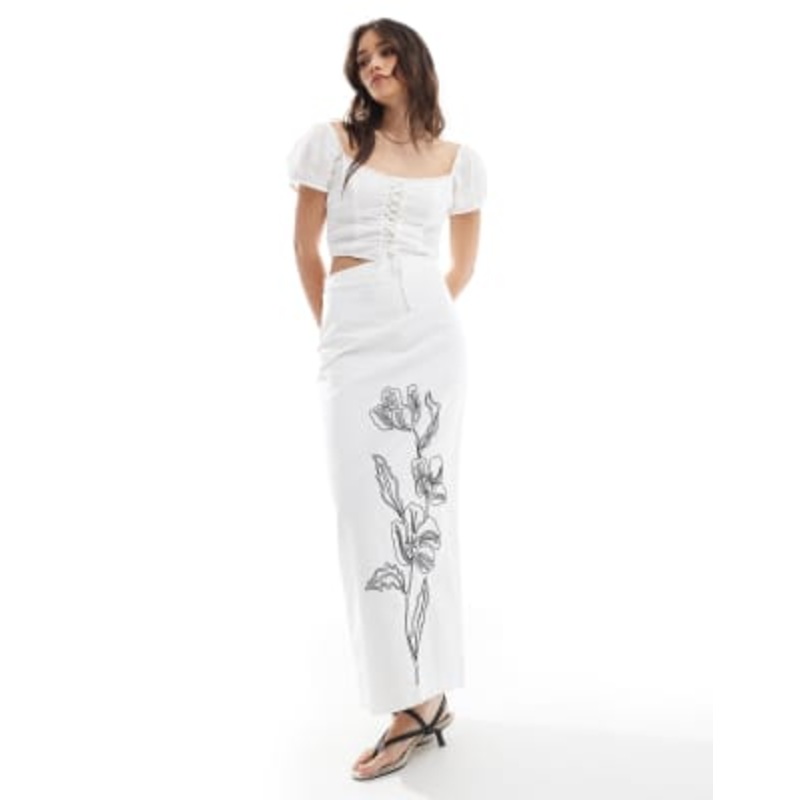 4th & Reckless linen look floral embroidered maxi skirt in white