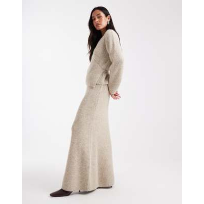 4th & Reckless wool feel rib knit fishtail maxi skirt in beige – part of a set