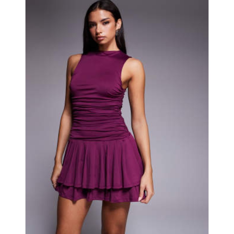 Aria Cove slinky high neck sleeveless ruched waist ruffle skirt mini dress in purple