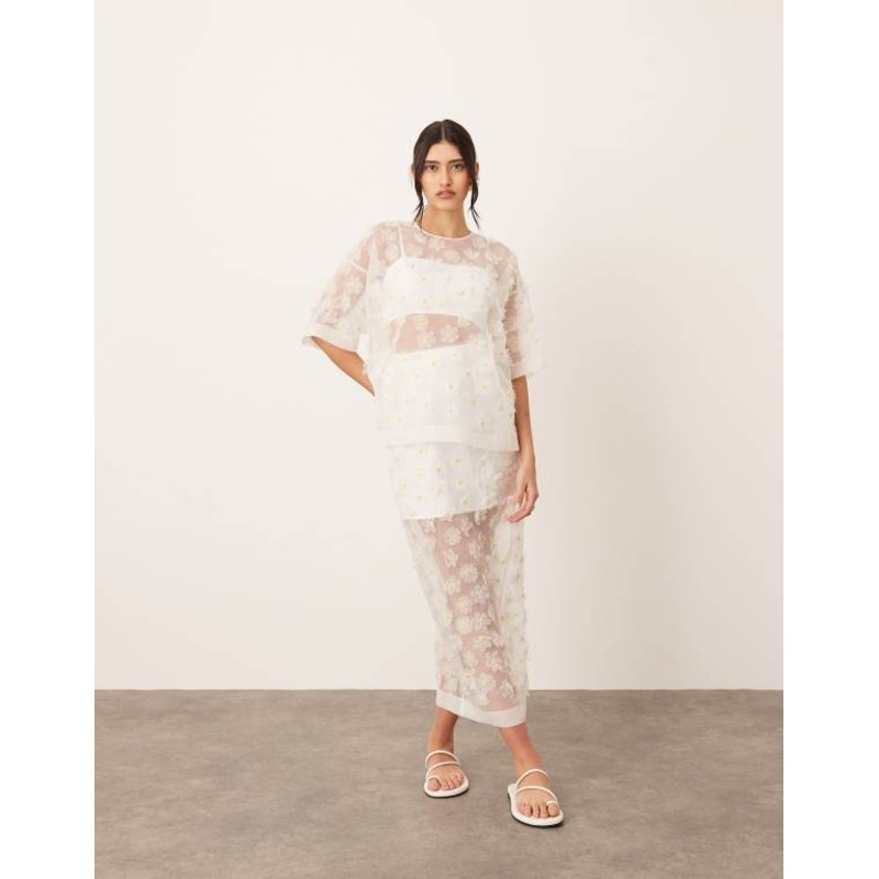 ARRANGE 3D daisy sheer column maxi T-shirt and skirt in white