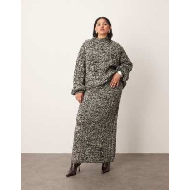 ARRANGE Curve chunky cable knit high neck sweater with volume sleeves and midi skirt in mono