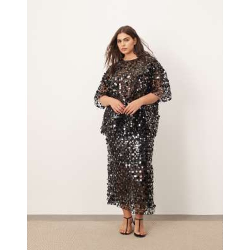 ARRANGE Curve sheer grid sequin tee & maxi skirt set in black