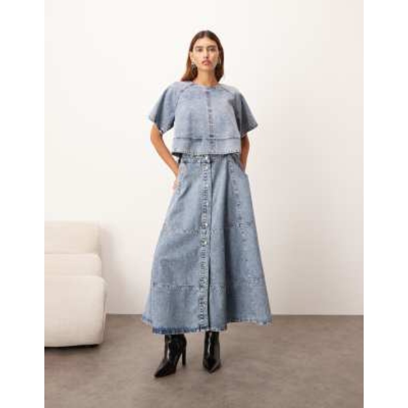 ARRANGE denim button up midi skirt in mid-blue wash – part of a set