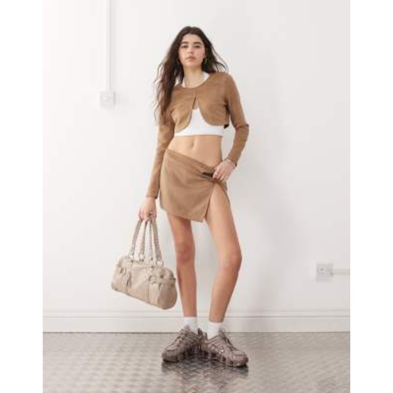 COLLUSION faux suede buckle mini skirt in brown