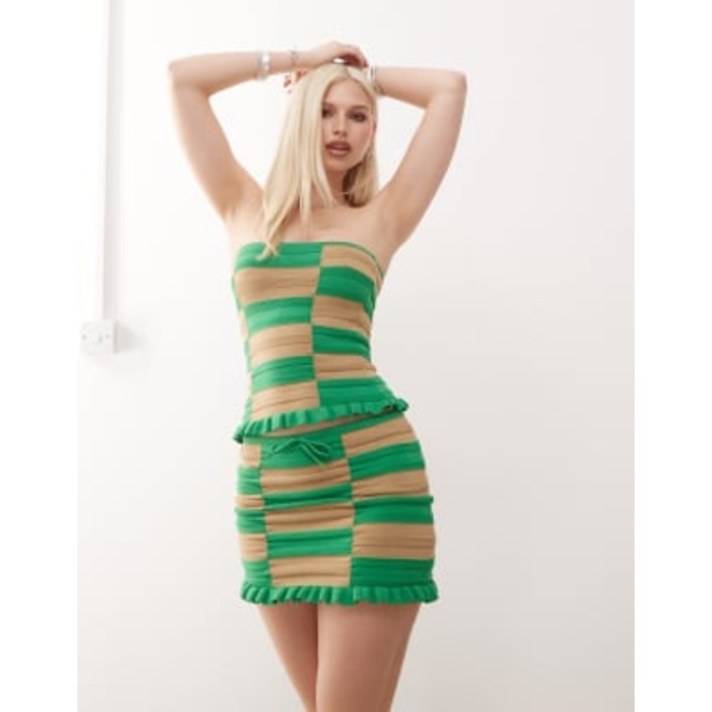 COLLUSION knit checkerboard mini skirt top in green and tan