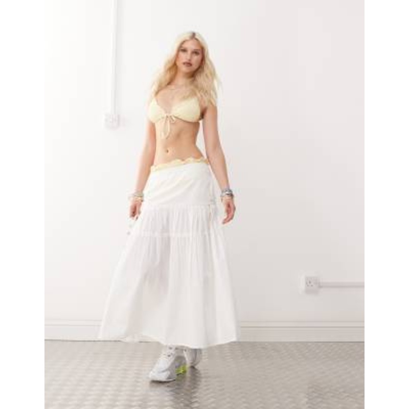 COLLUSION poplin drop waist frill detail maxi skirt in white