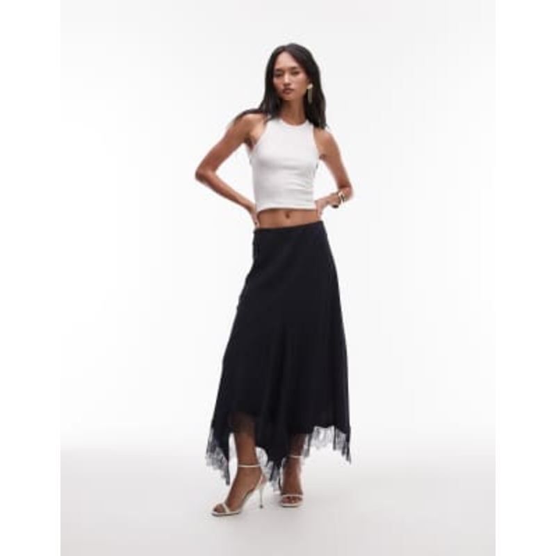 & Other Stories satin maxi skirt with asymmetric lace trim hem in blue