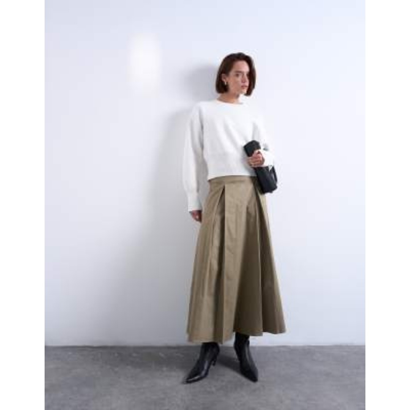 Topshop pleat front midi skirt in stone