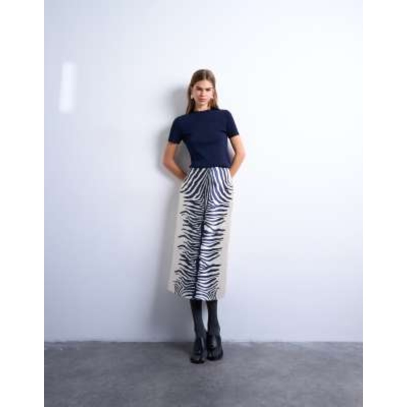 Topshop satin a line midi skirt in mono zebra print
