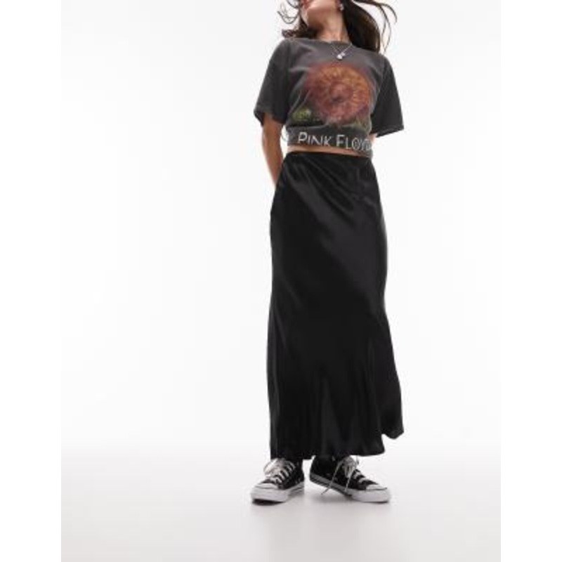 Topshop satin bias midi skirt in black
