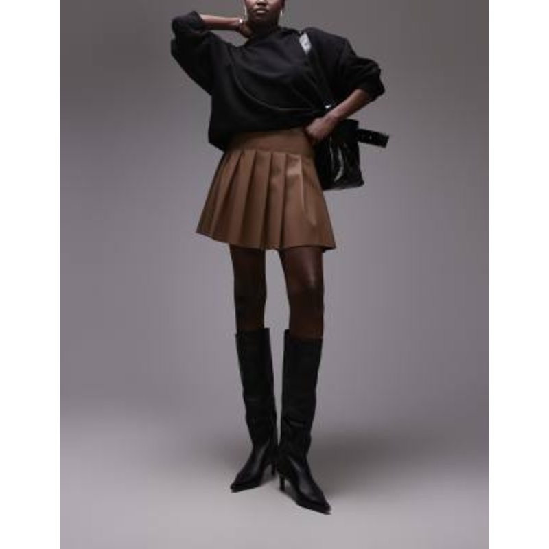 Topshop Tall faux leather clean pleat mini skirt in coffee