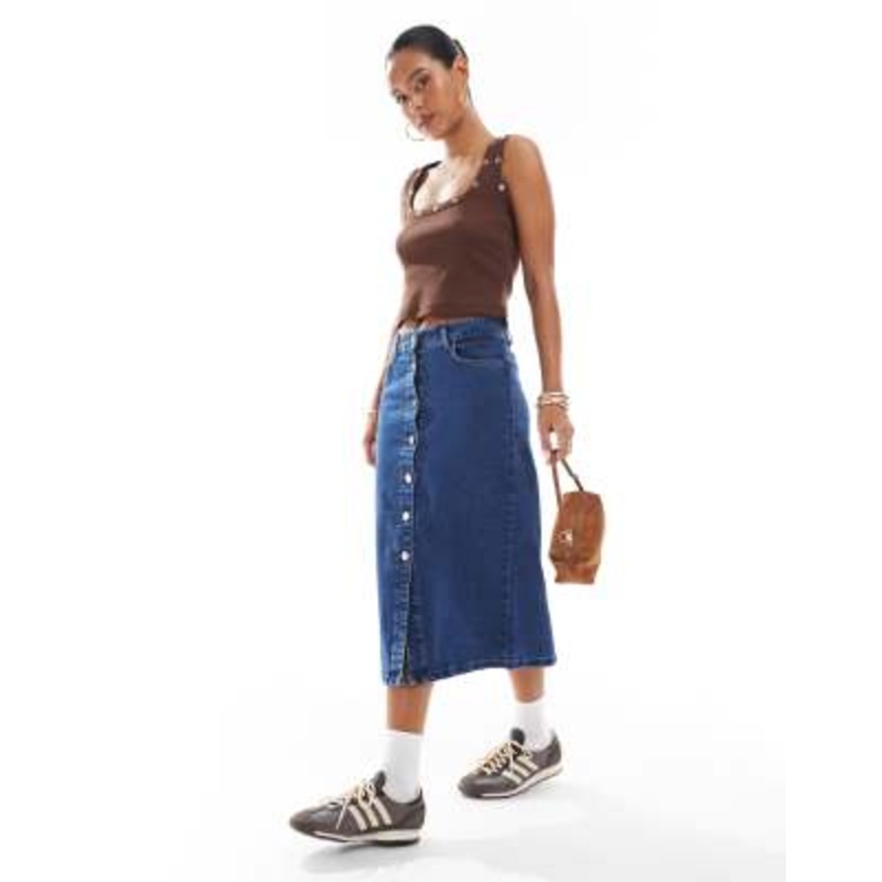 Vero Moda button front midi denim skirt in dark blue wash