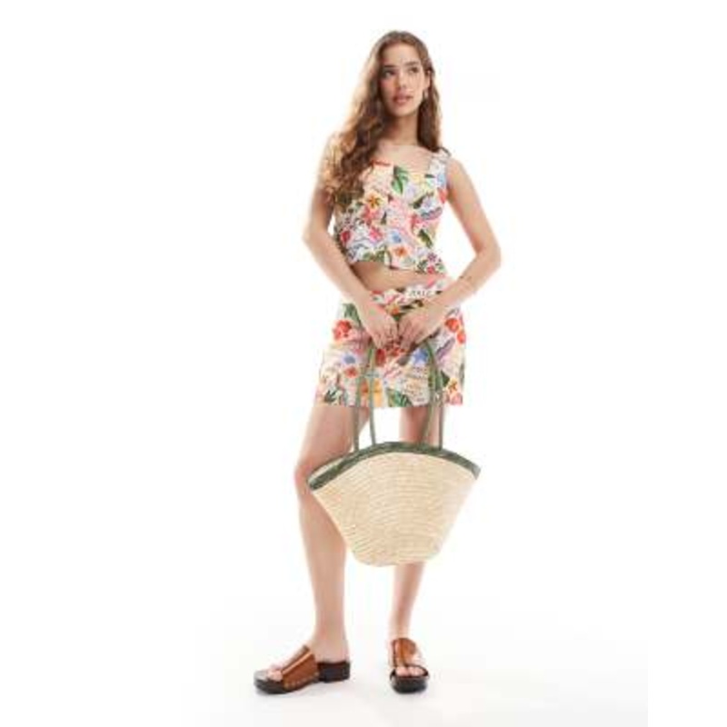 Vero Moda button front square neck top and mini skirt set in conversational tropical print