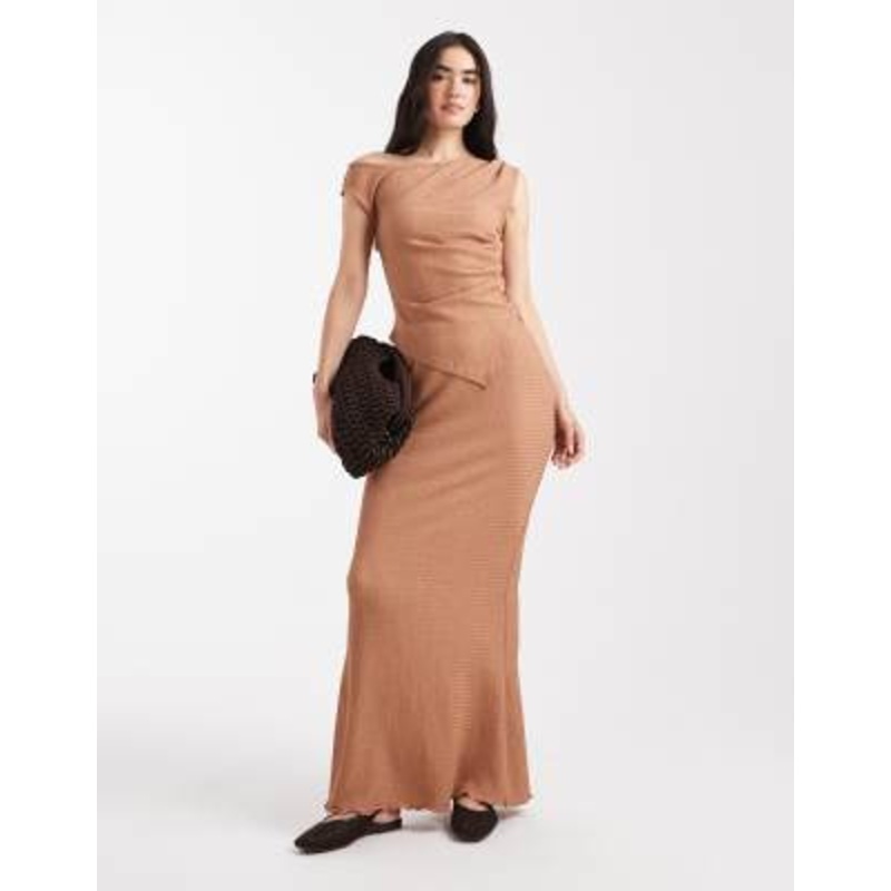 Vero Moda textured jersey asymmetric detail drape top and maxi skirt set in mocha