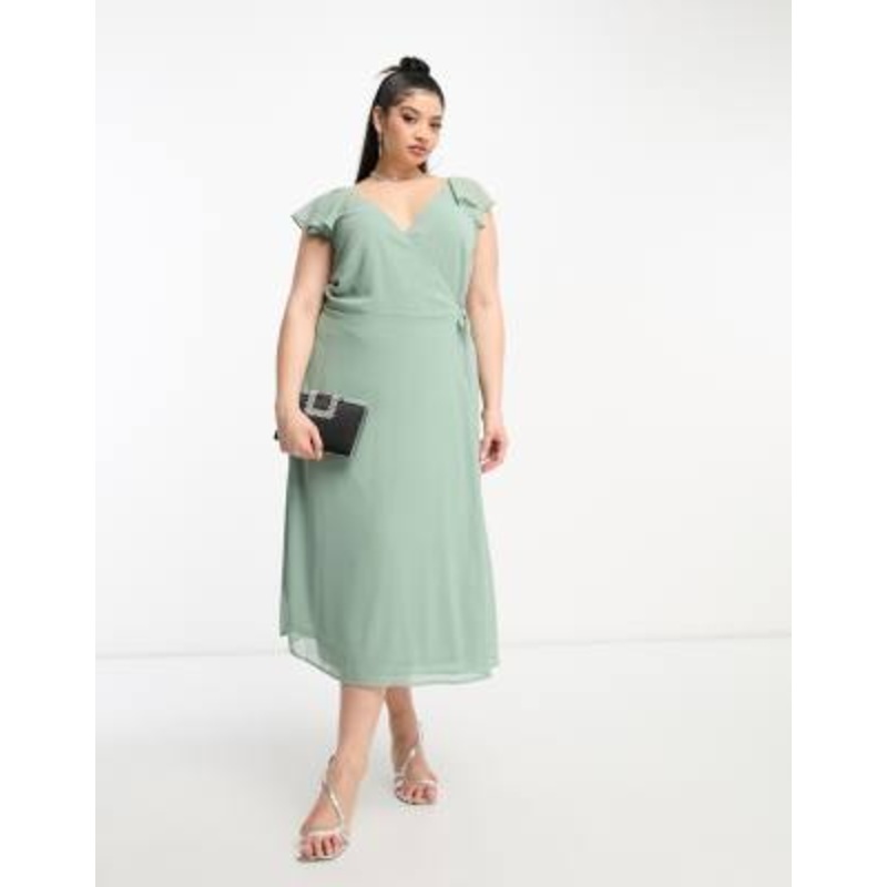 Vila Curve Bridesmaid wrap full skirt maxi dress with flutter sleeves in green