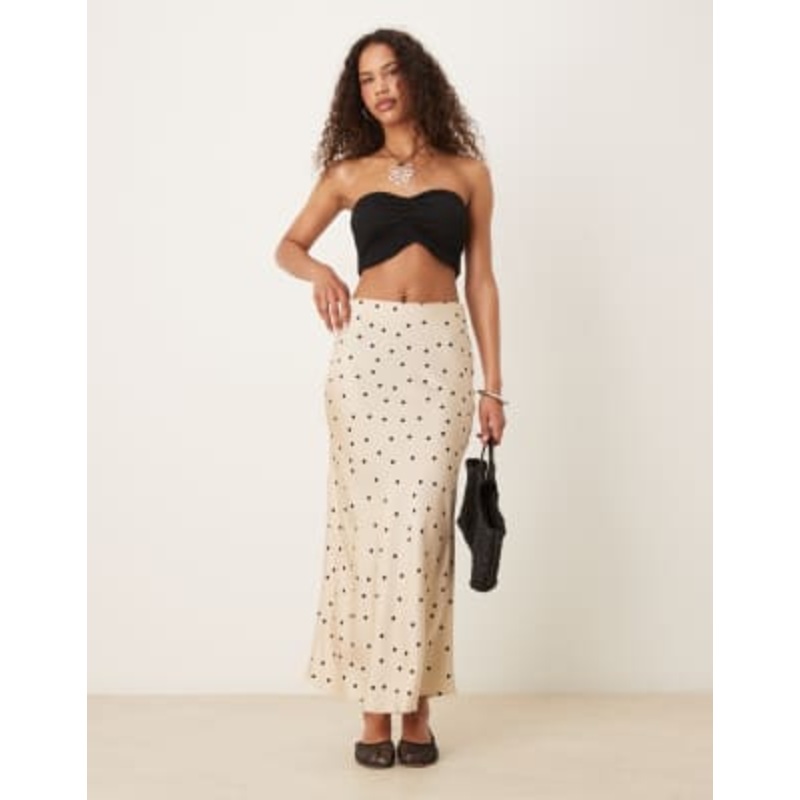 Vila satin maxi skirt in champagne polka dots
