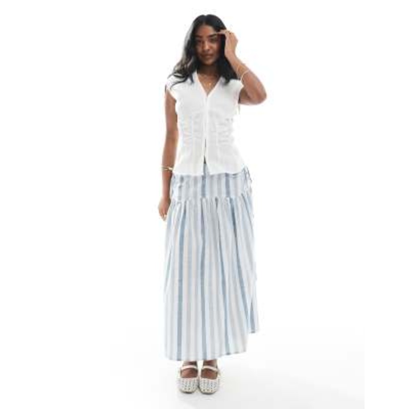 Wednesday’s Girl bold stripe midi skirt in blue