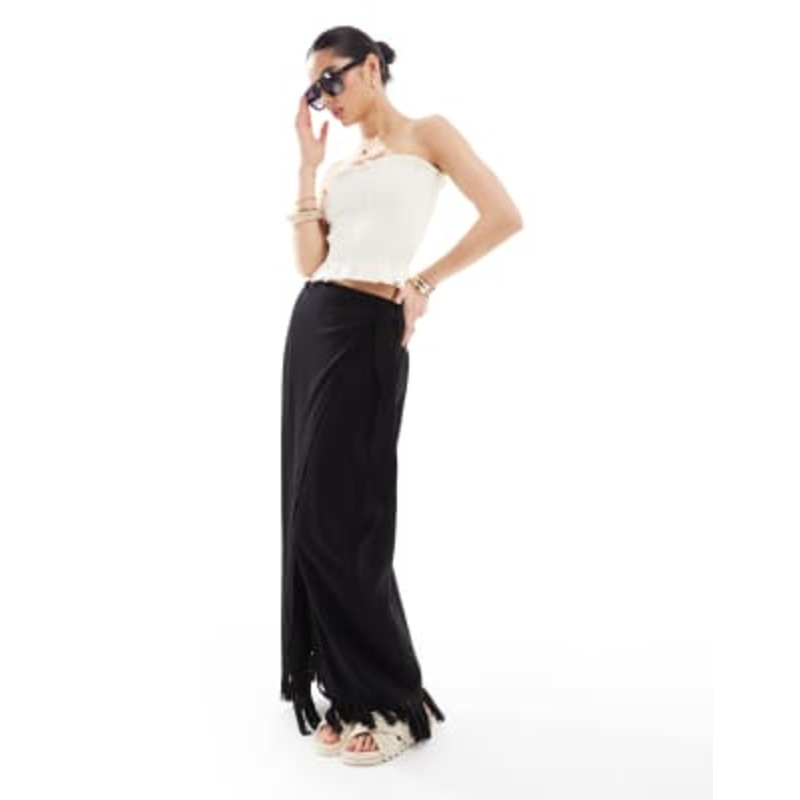 4th & Reckless linen blend wrap tie side fringed hem maxi skirt in black