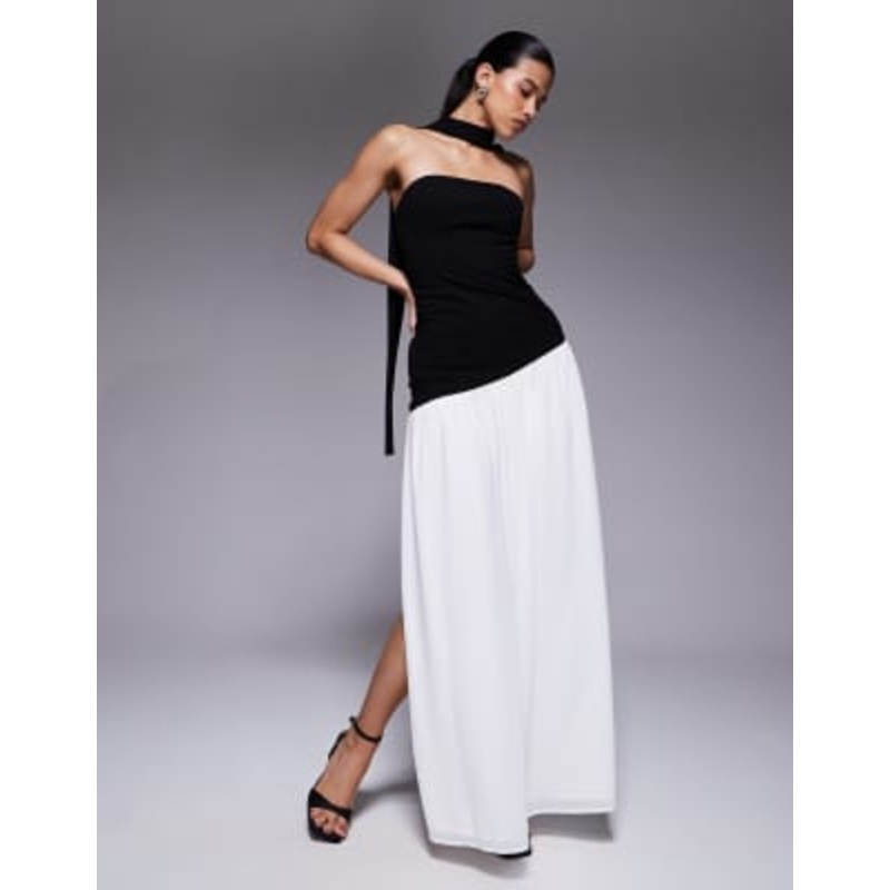 Aria Cove bandeau scarf detail asymmetric contrast skirt maxi dress in mono