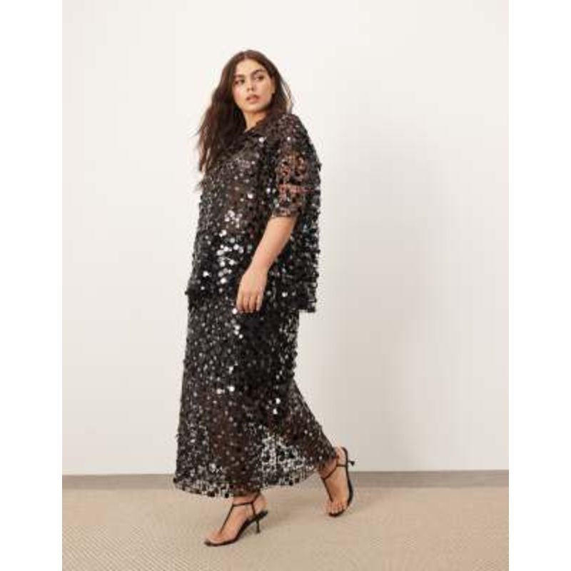 ARRANGE Curve sheer grid sequin maxi skirt in black – part of a set